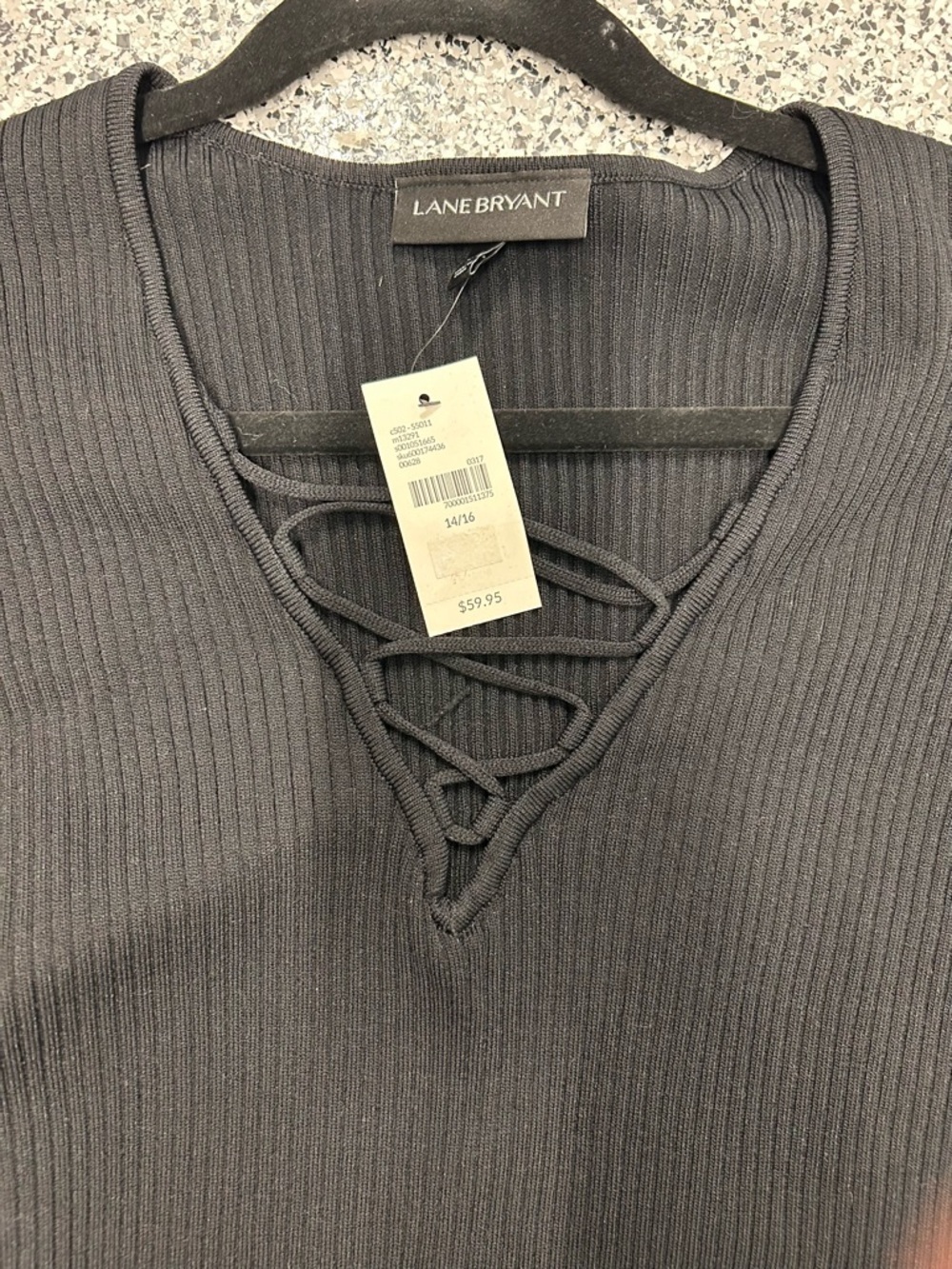 Lane Bryant Black Ribbed V-Neck Lace-Up Short Sleeve Top - Picture 3 of 4
